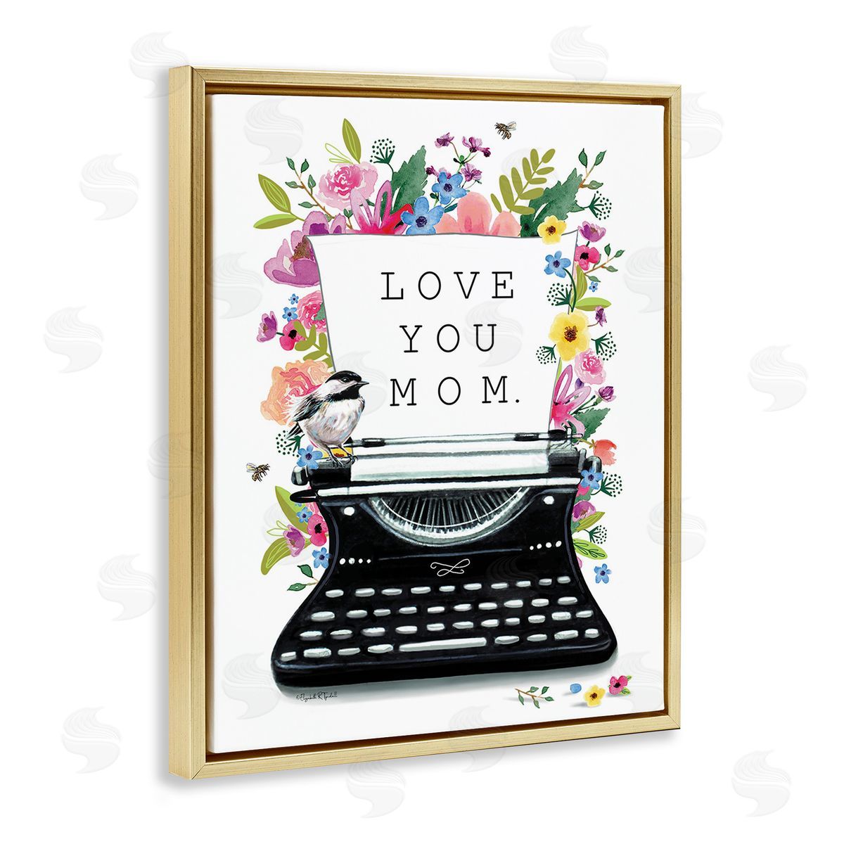 Elizabeth Tyndall Love You Mom Typewriter Gold Floating Frame Canvas Wall Art Print