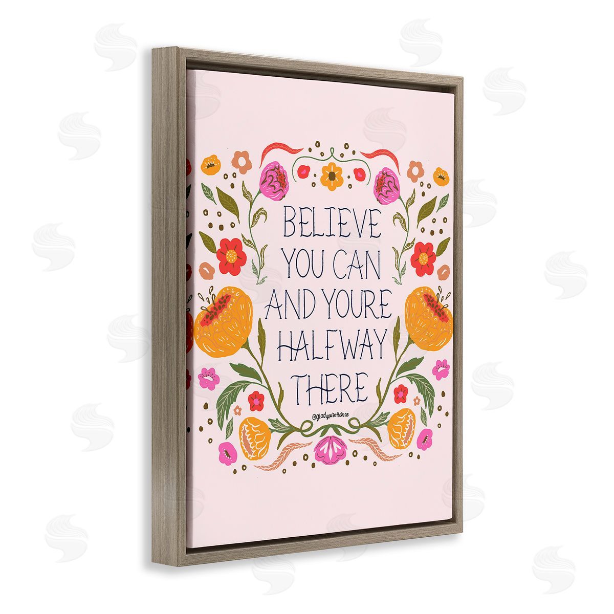 Glad You're Here Co. Inspiring Believe with Florals Brown Floating Frame Canvas Wall Art Print