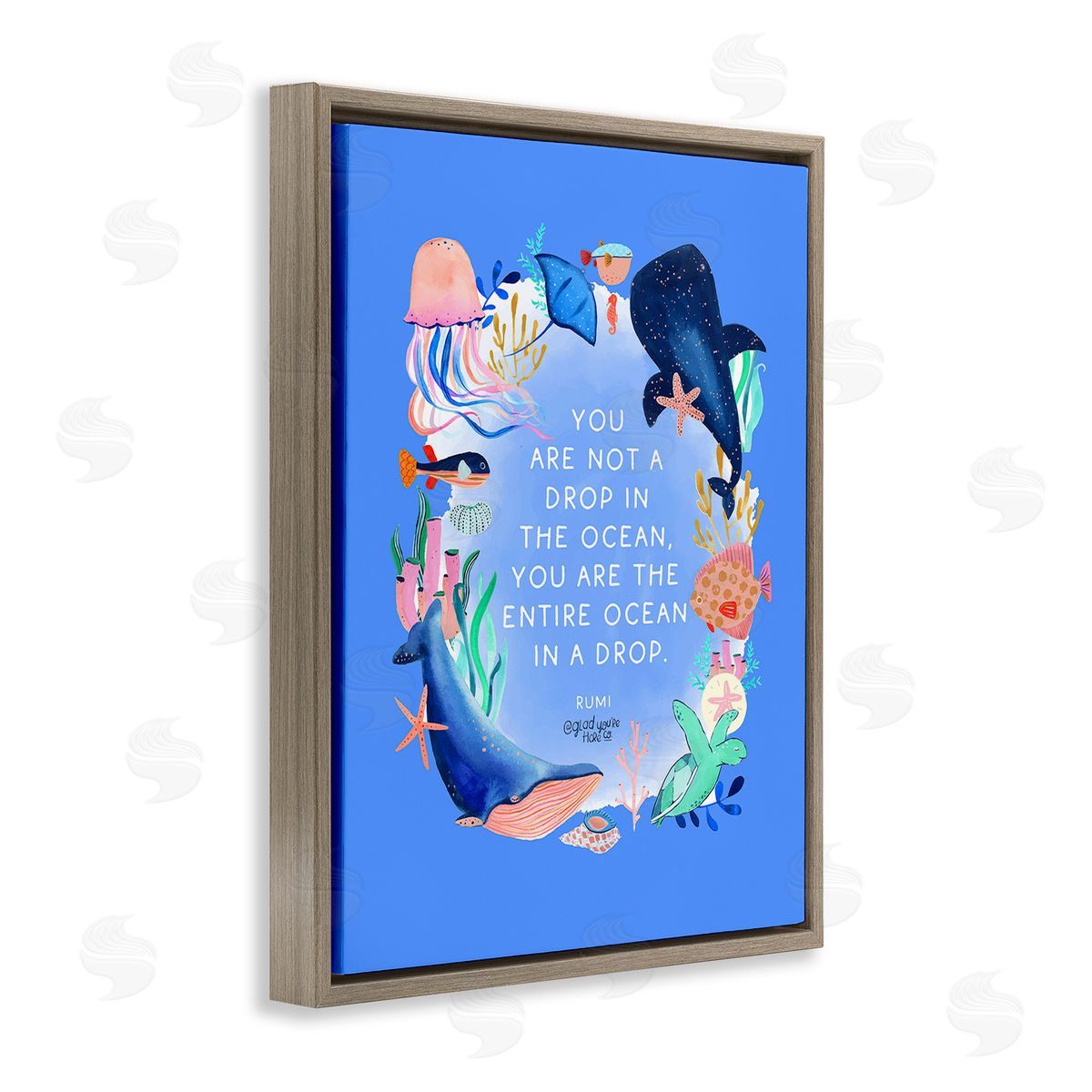 Glad You're Here Co. Ocean In A Drop Phrase Brown Floating Frame Canvas Wall Art Print