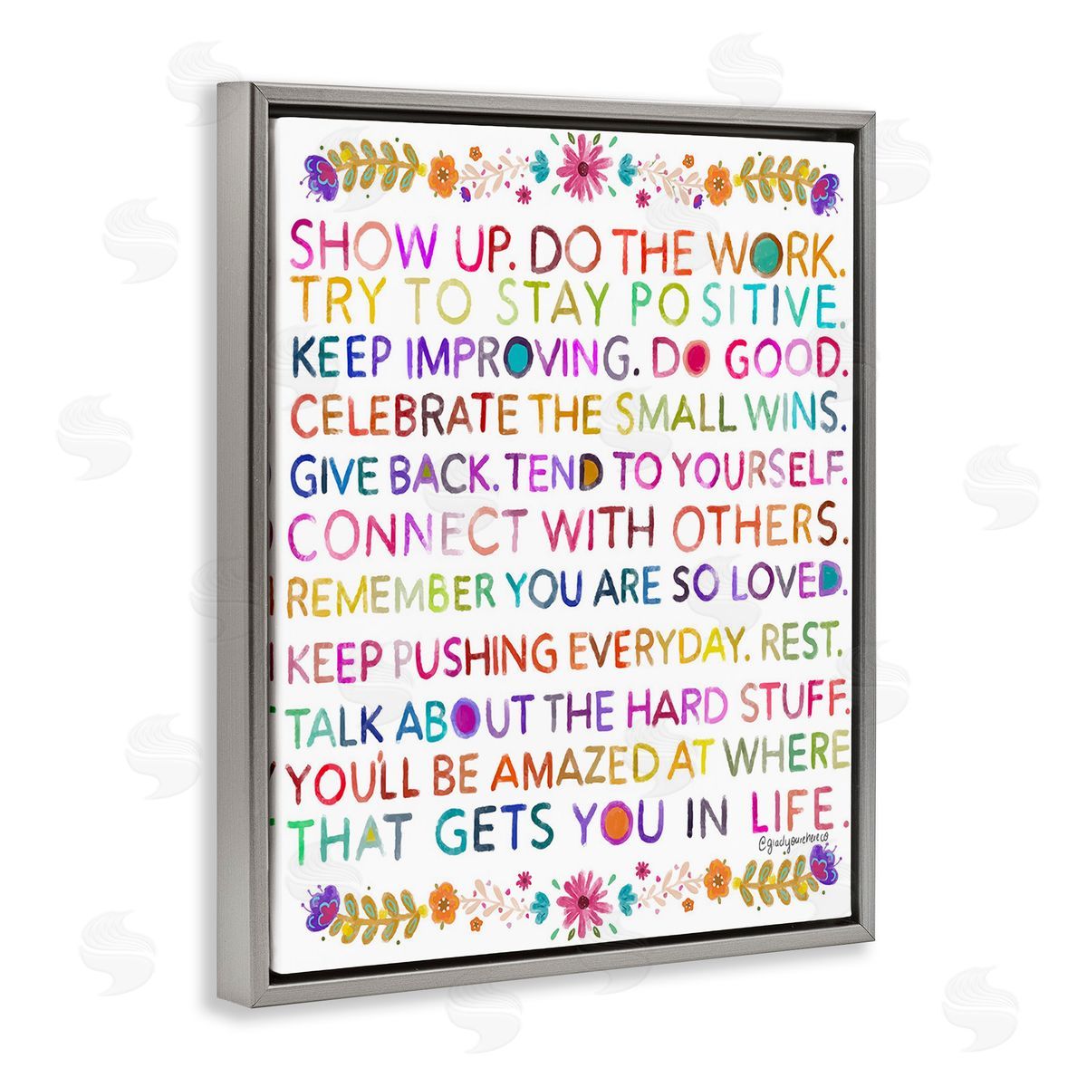 Glad You're Here Co. Floral Motivational Phrases Gray Floating Frame Canvas Wall Art Print