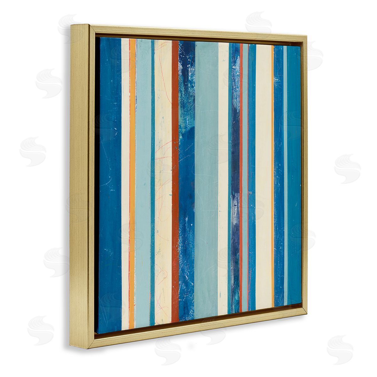 Distressed Blue Stripes Gold Floating Frame Canvas Wall Art, Home Decor by Pippin Schupbach