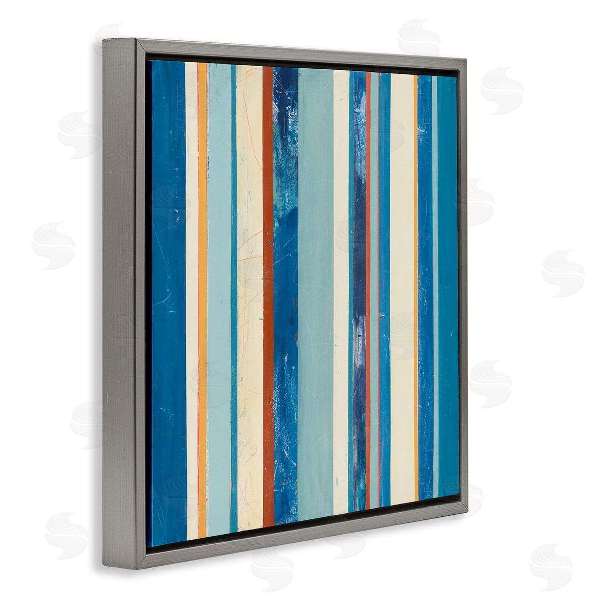 Distressed Blue Stripes Grey Floating Frame Canvas Wall Art, Home Decor by Pippin Schupbach