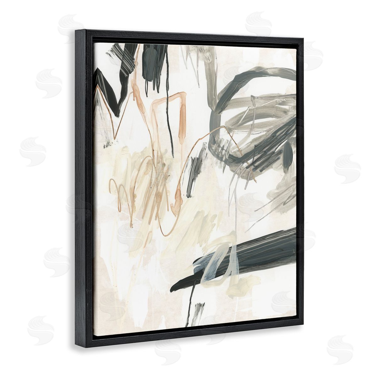 Scribbled Abstract on Beige Black Floating Frame Canvas Wall Art, Home Decor by June Erica Vess
