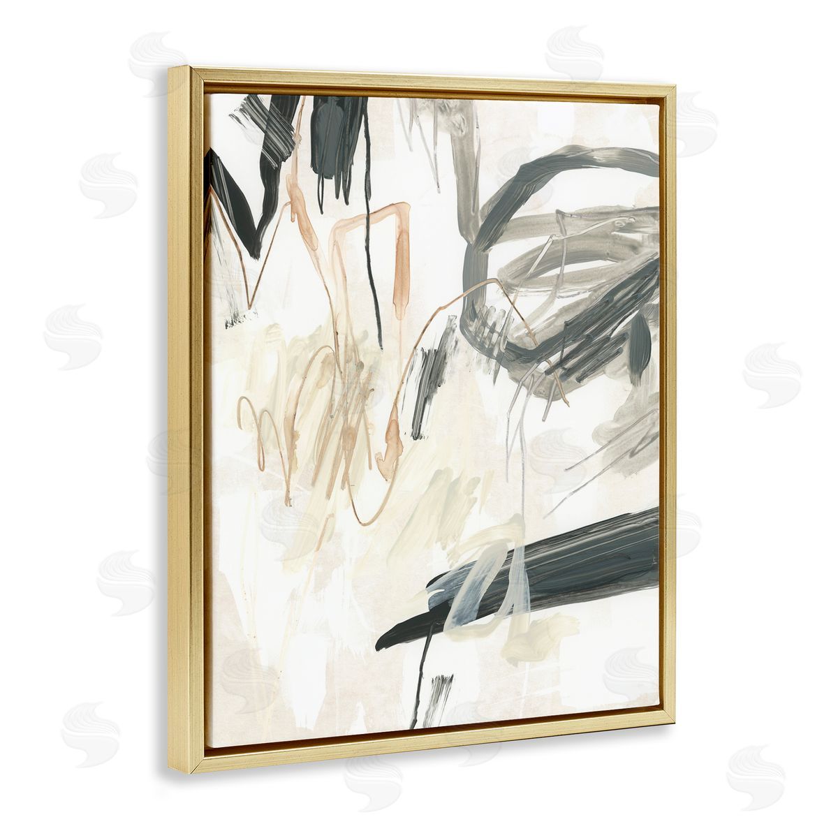 Scribbled Abstract on Beige Gold Floating Frame Canvas Wall Art, Home Decor by June Erica Vess