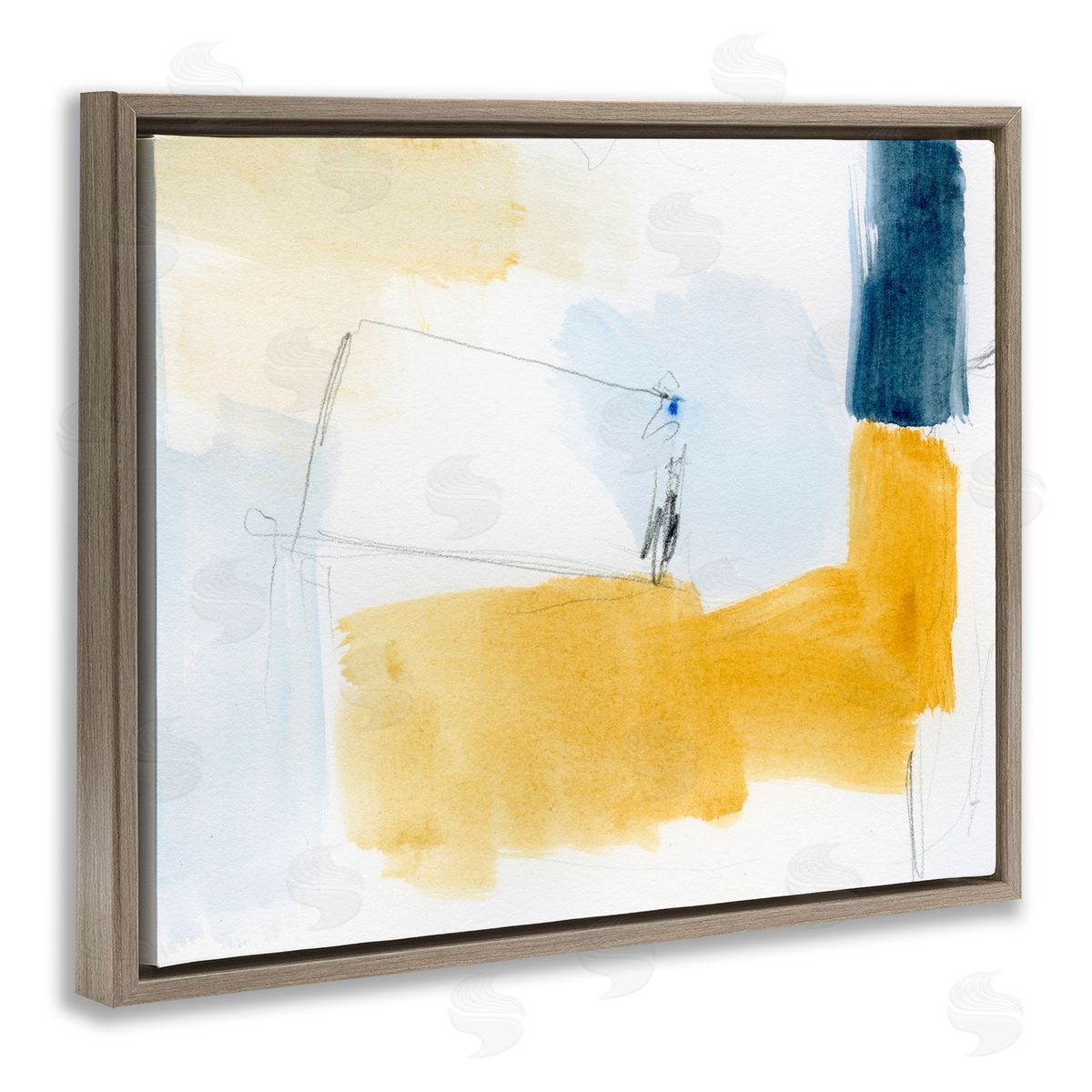 Yellow and Blue Abstract Brown Floating Frame Canvas Wall Art, Home Decor by Victoria Barnes