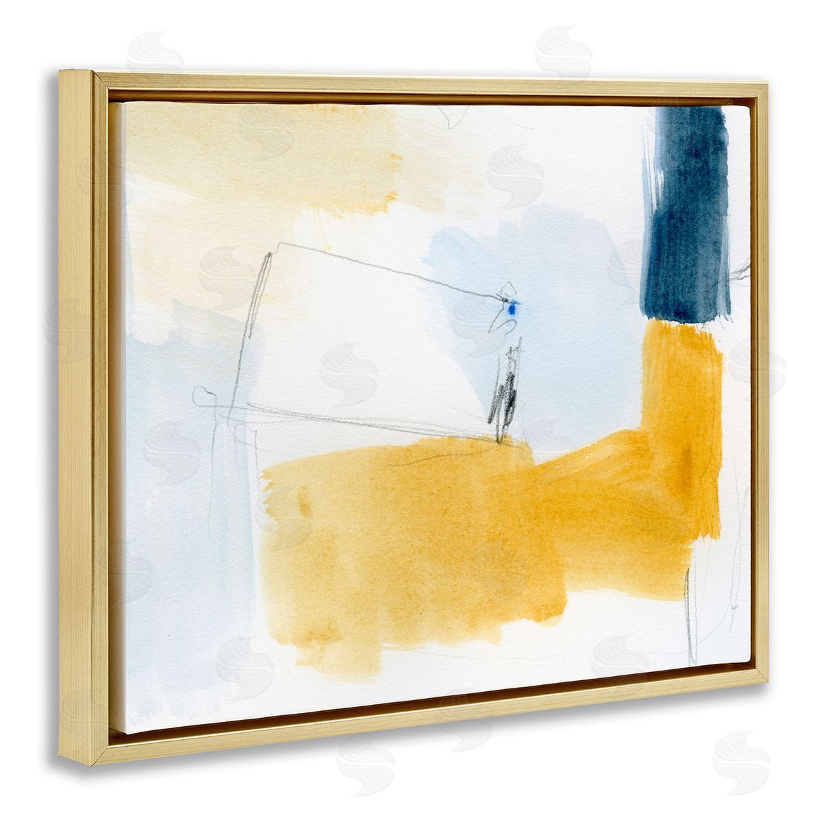 Yellow and Blue Abstract Gold Floating Frame Canvas Wall Art, Home Decor by Victoria Barnes