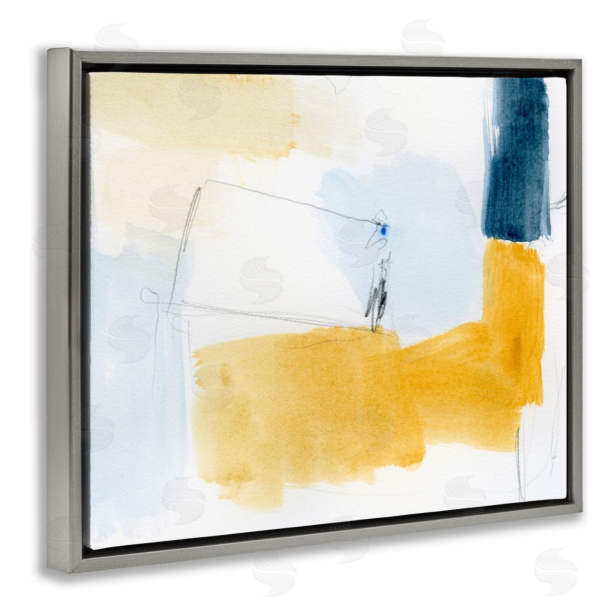 Yellow and Blue Abstract Grey Floating Frame Canvas Wall Art, Home Decor by Victoria Barnes