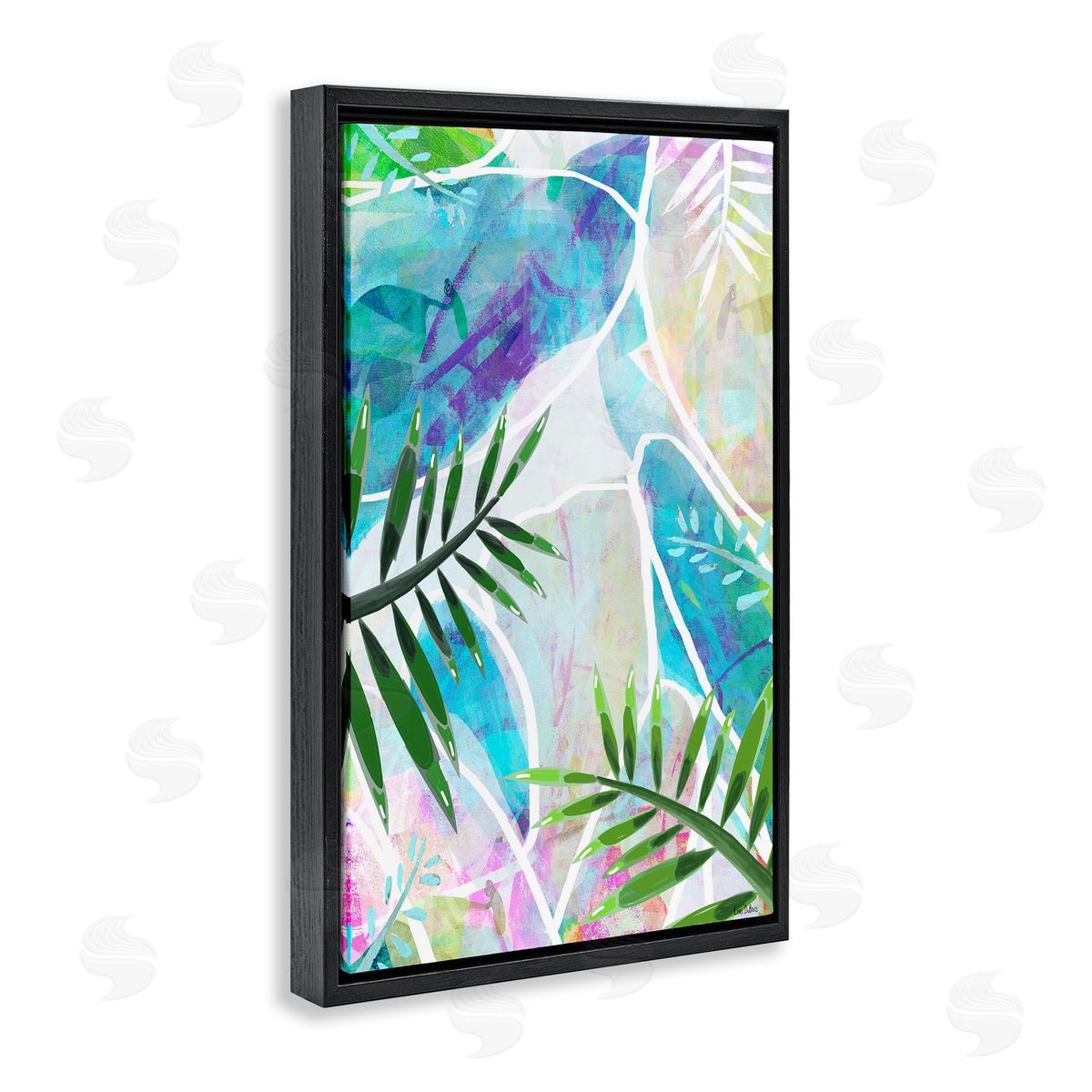 Layered Tropical Leaves Black Floating Frame Canvas Wall Art, Home Decor by Lori Dubois