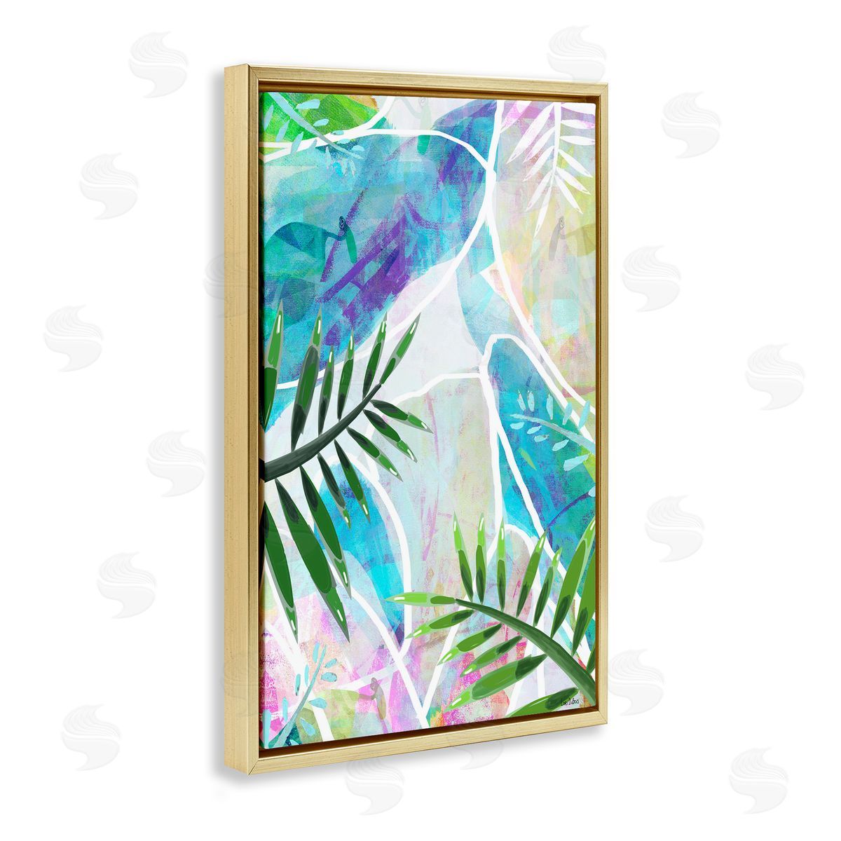 Layered Tropical Leaves Gold Floating Frame Canvas Wall Art, Home Decor by Lori Dubois