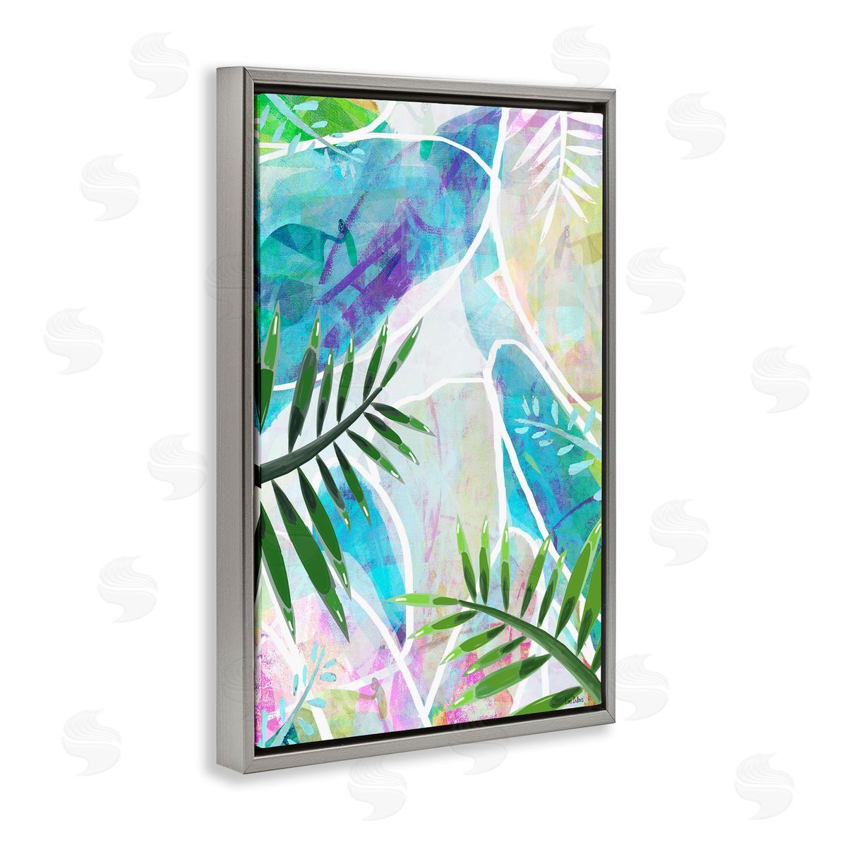 Layered Tropical Leaves Grey Floating Frame Canvas Wall Art, Home Decor by Lori Dubois