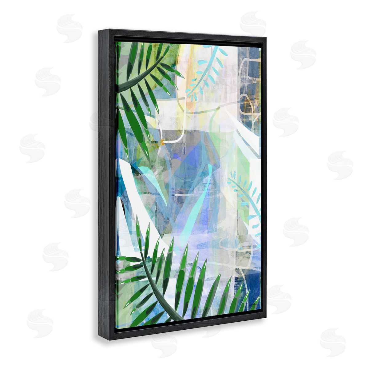 Geometric Tropical Leaves Black Floating Frame Canvas Wall Art, Home Decor by Lori Dubois