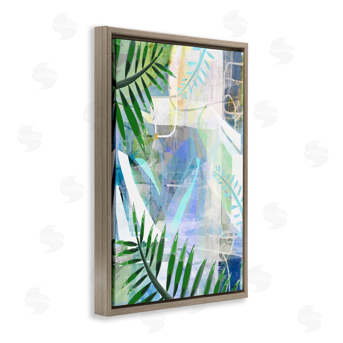 Geometric Tropical Leaves Brown Floating Frame Canvas Wall Art, Home Decor by Lori Dubois