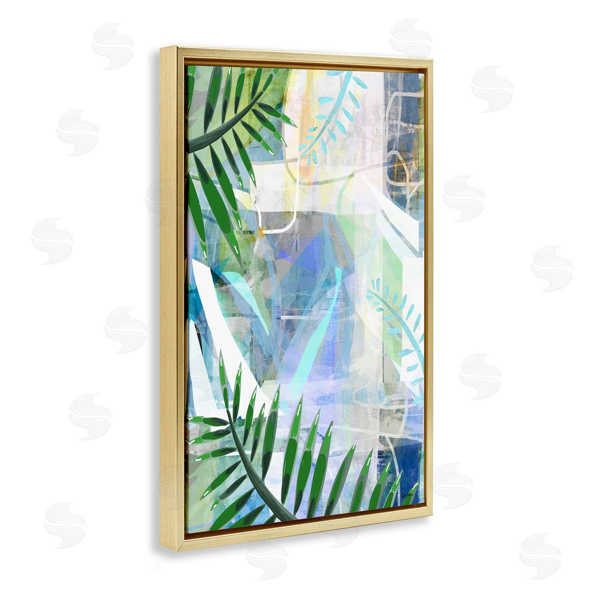 Geometric Tropical Leaves Gold Floating Frame Canvas Wall Art, Home Decor by Lori Dubois