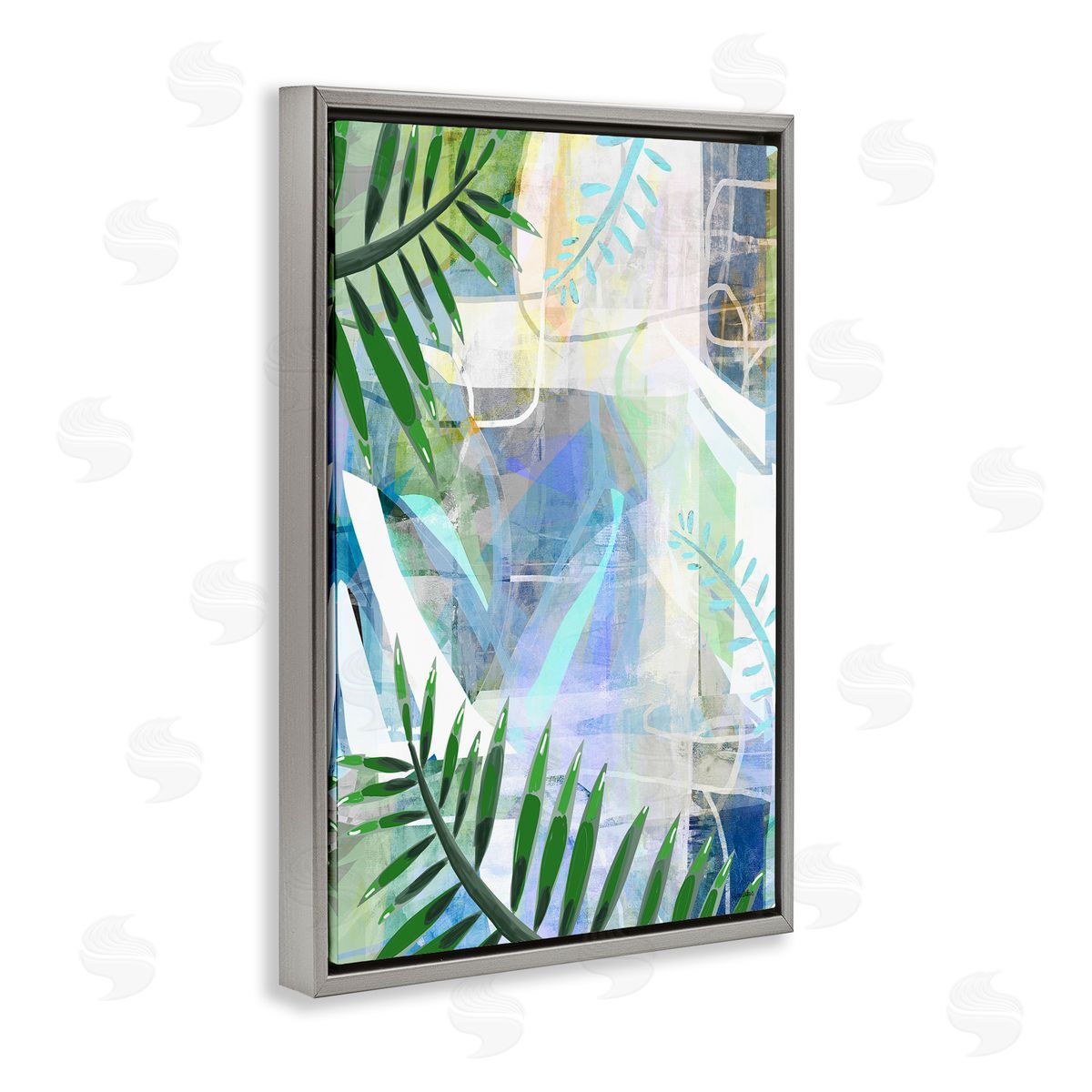 Geometric Tropical Leaves Grey Floating Frame Canvas Wall Art, Home Decor by Lori Dubois