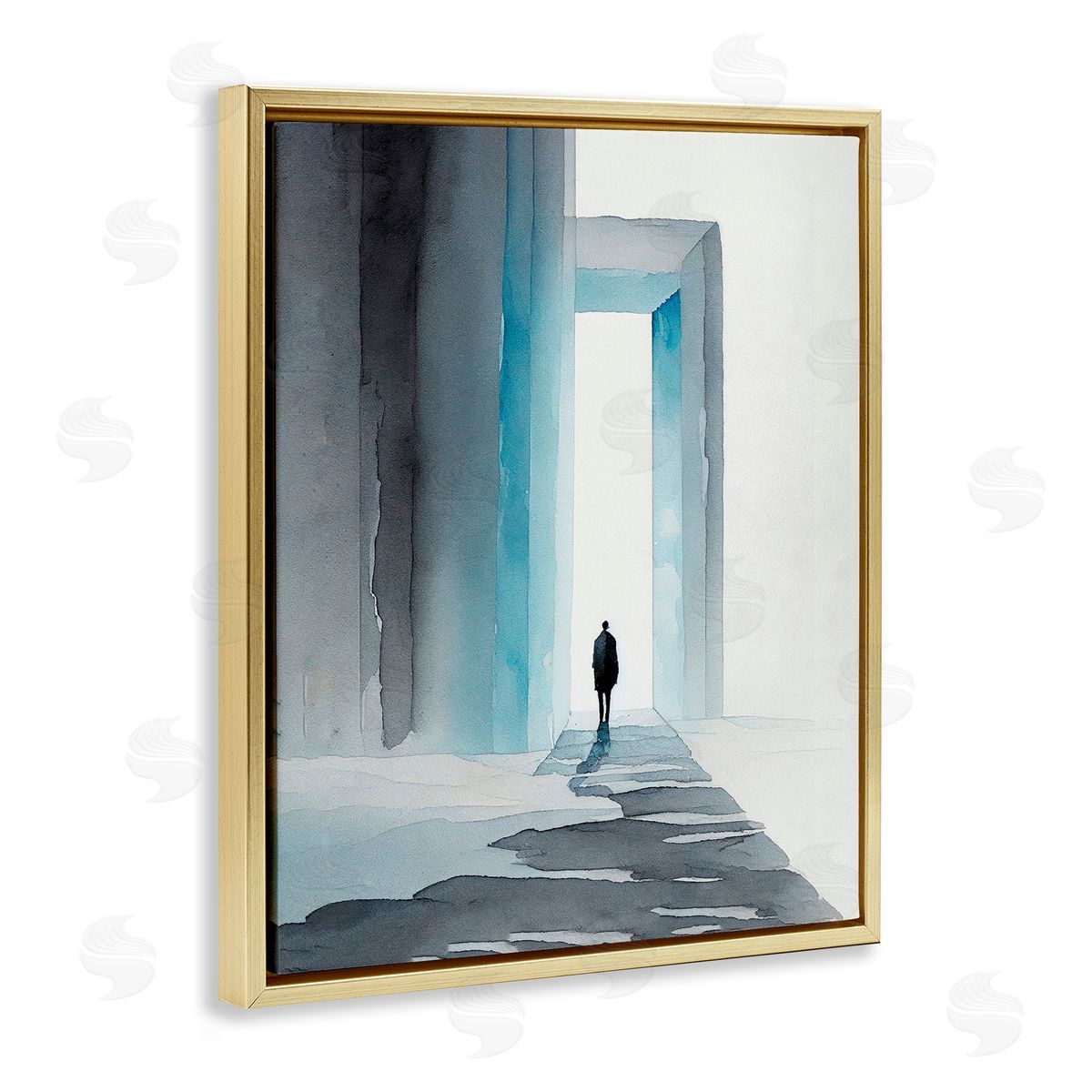 Person with Snowy Doorway Gold Floating Frame Canvas Wall Art, Home Decor by Incado