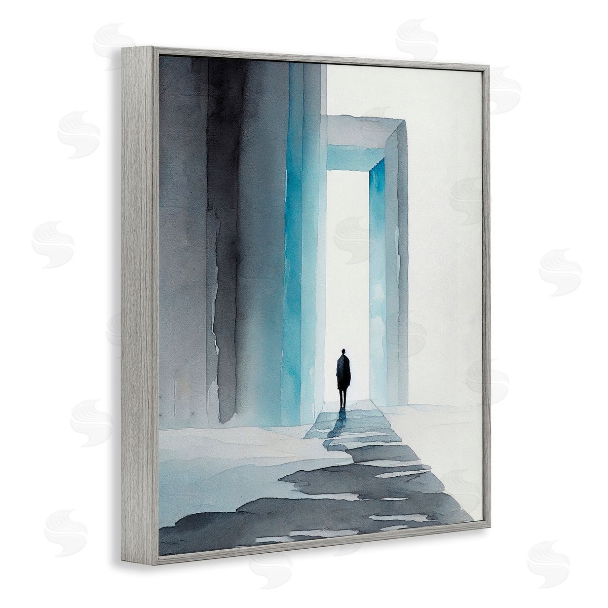 Person with Snowy Doorway Grey Frame Print Wall Art, Home Decor by Incado