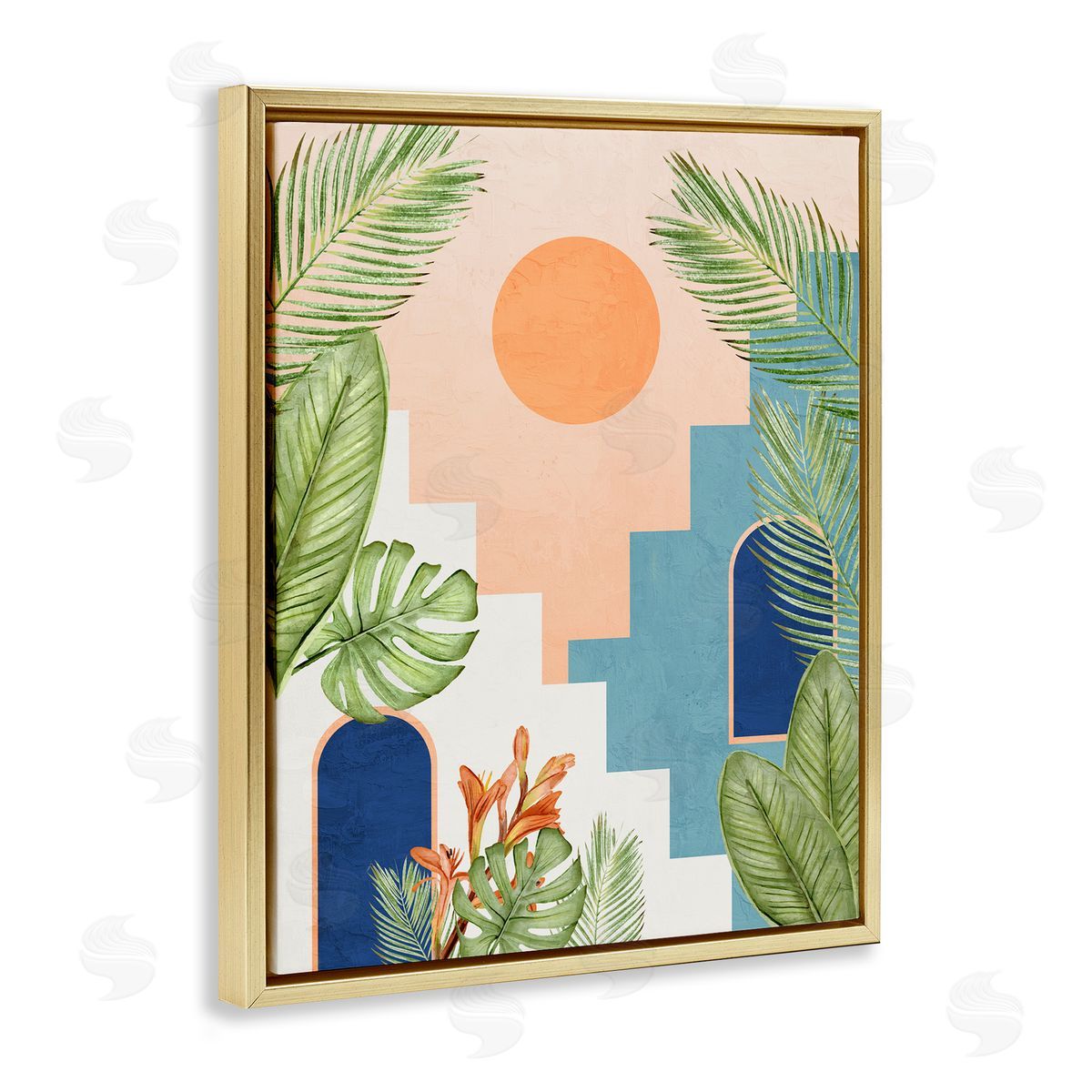 Desert City with Palms Gold Floating Frame Canvas Wall Art, Home Decor by Kim Allen