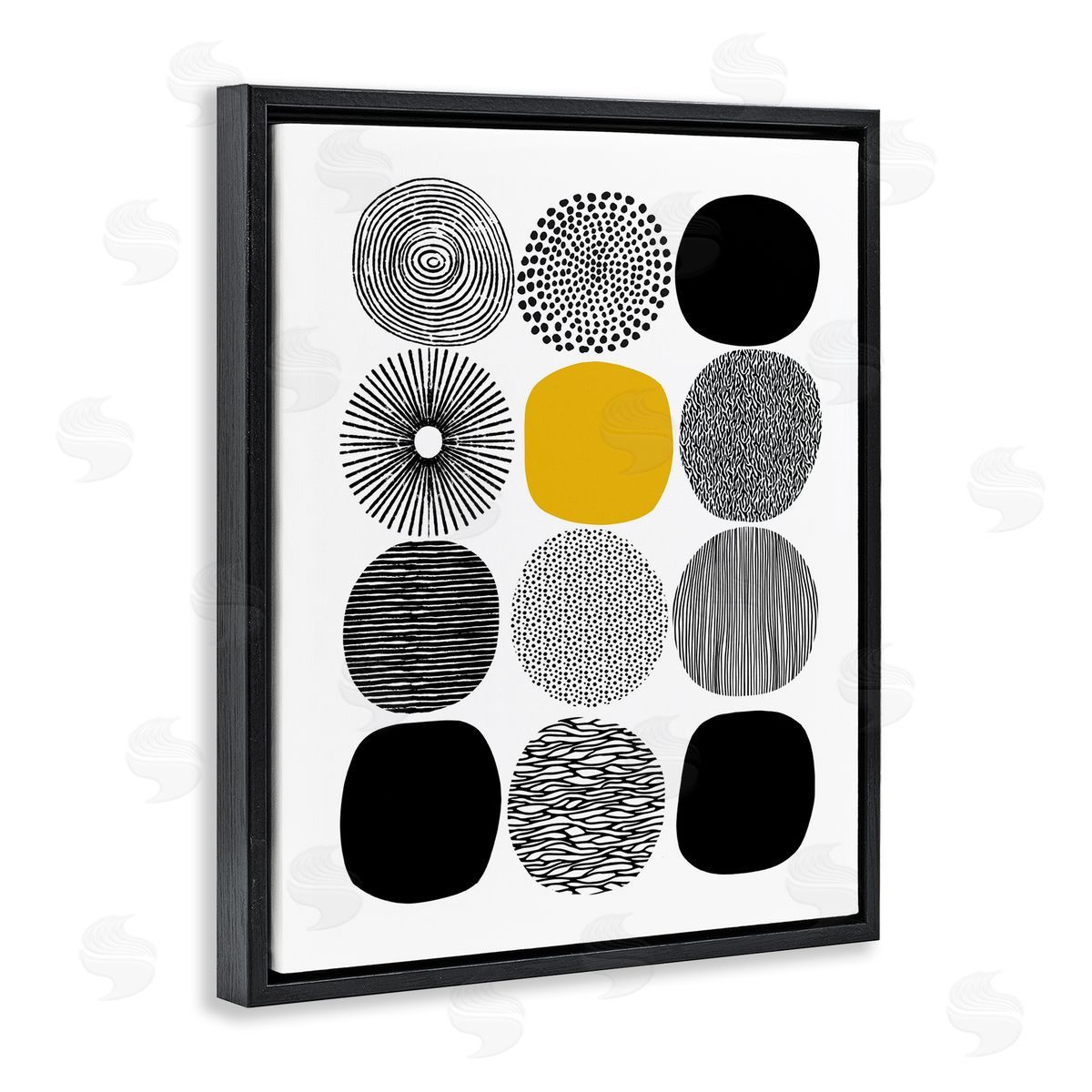 Patterned Circles Yellow Accent Black Floating Frame Canvas Wall Art, Home Decor by Lisa Nohren