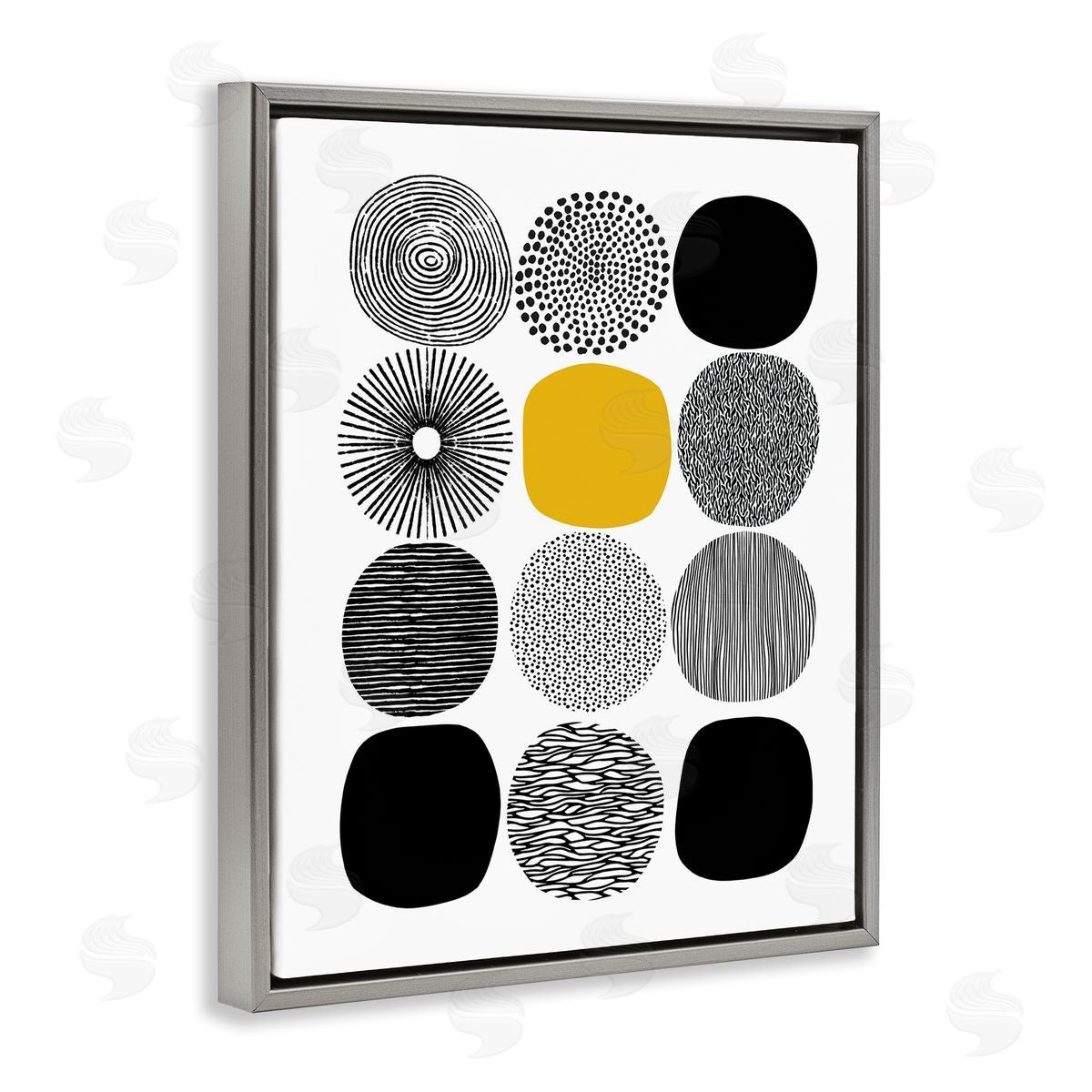 Patterned Circles Yellow Accent Grey Floating Frame Canvas Wall Art, Home Decor by Lisa Nohren