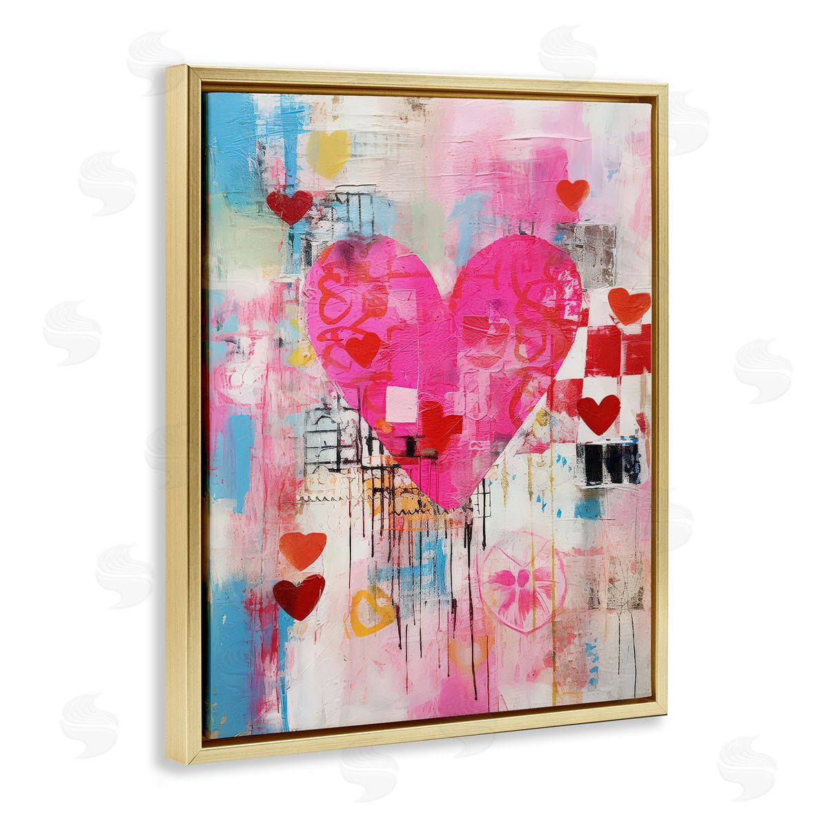 LSR Design Studio Whimsical Romance Heart Pattern Gold Floating Frame Canvas Wall Art Print