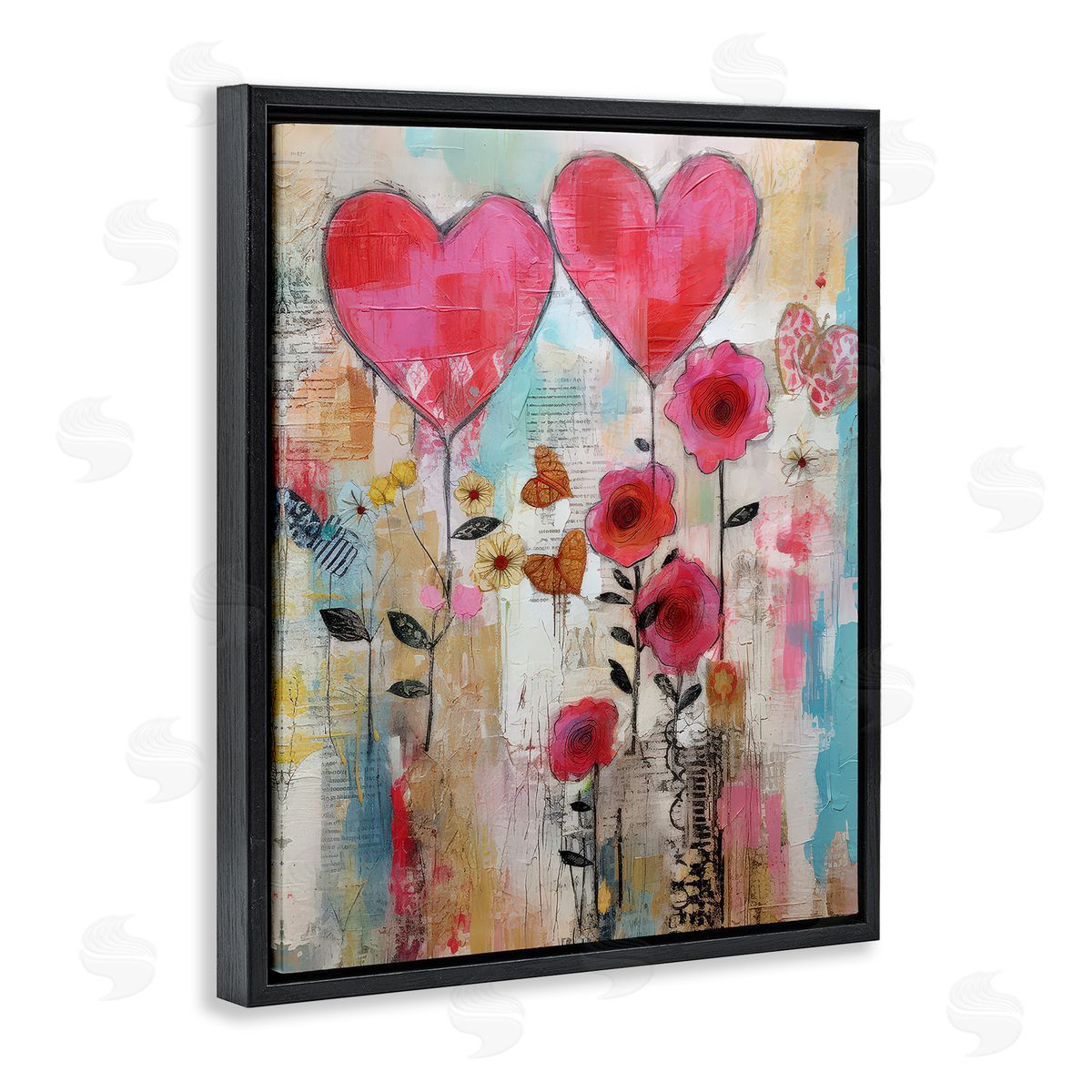 LSR Design Studio Whimsical Hearts & Garden Black Floating Frame Canvas Wall Art Print