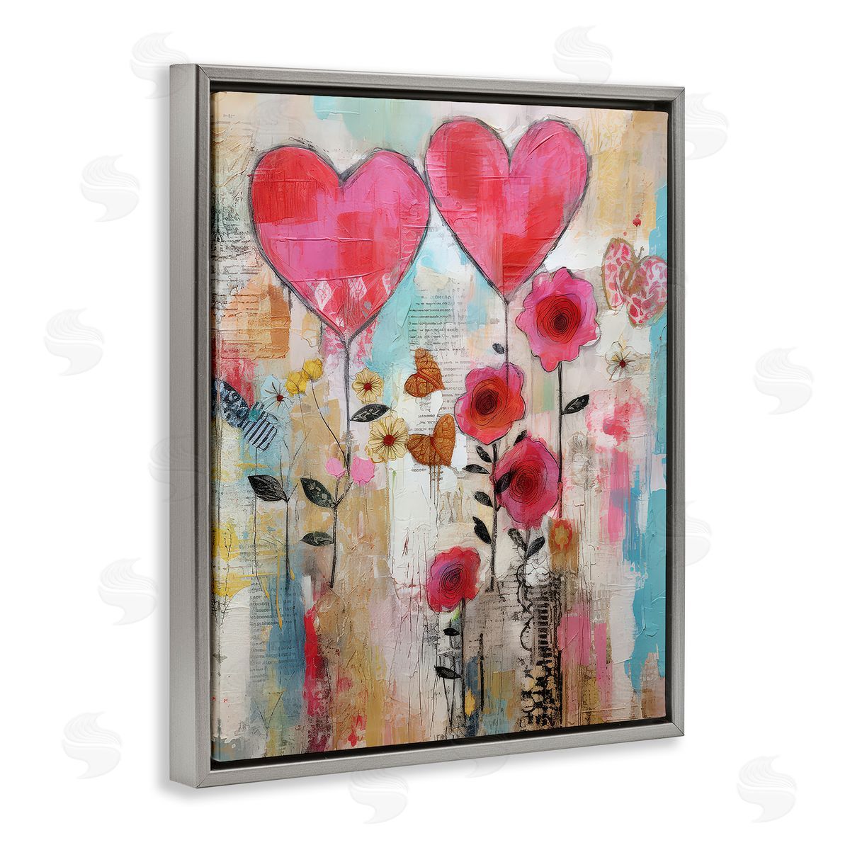 LSR Design Studio Whimsical Hearts & Garden Gray Floating Frame Canvas Wall Art Print