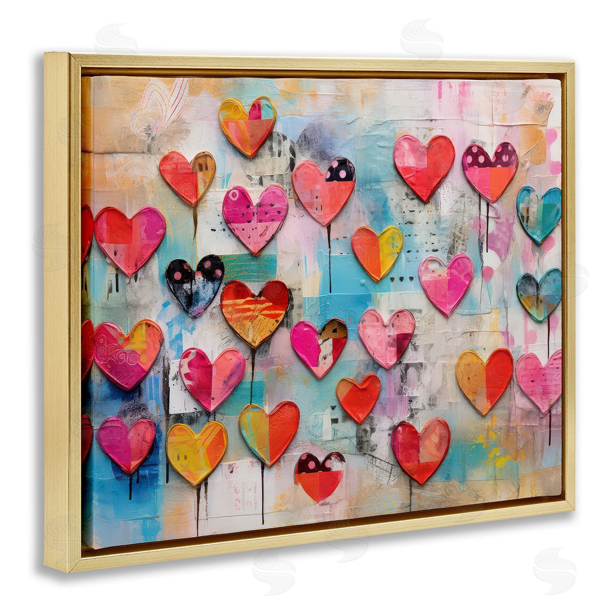 LSR Design Studio Playful Urban Hearts Pattern Gold Floating Frame Canvas Wall Art Print
