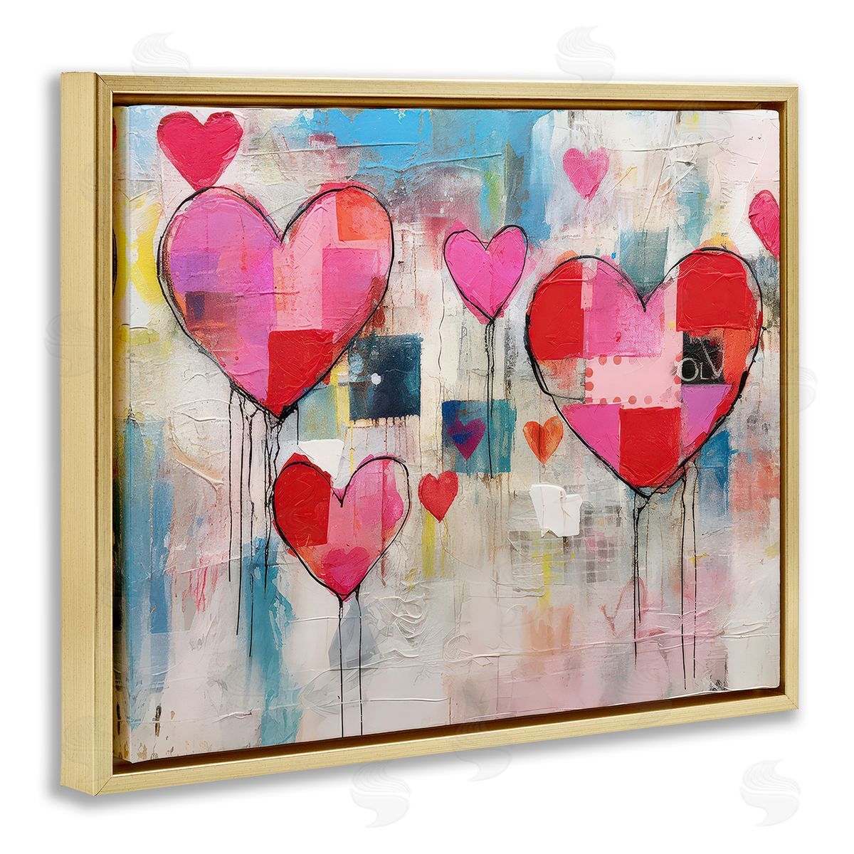 LSR Design Studio Urban Hearts Painting Collage Gold Floating Frame Canvas Wall Art Print
