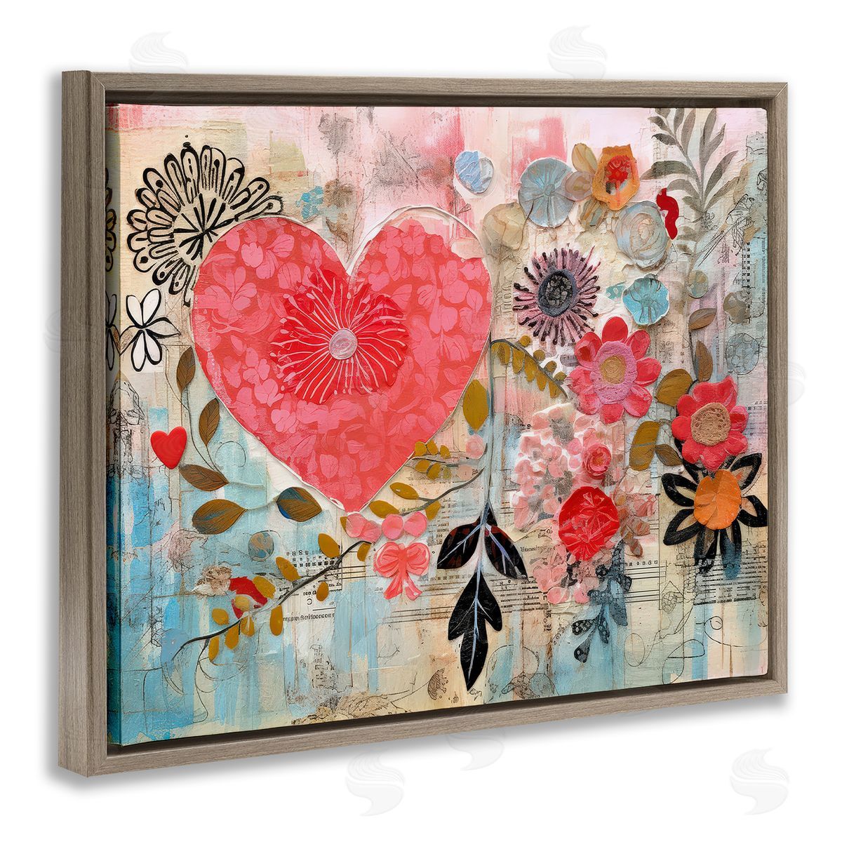 LSR Design Studio Playful Heart & Flowers Brown Floating Frame Canvas Wall Art Print