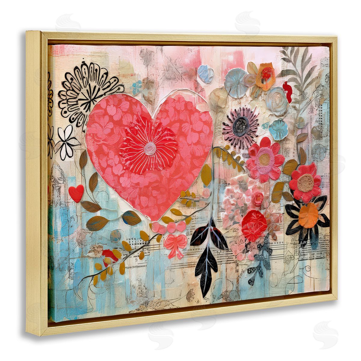 LSR Design Studio Playful Heart & Flowers Gold Floating Frame Canvas Wall Art Print