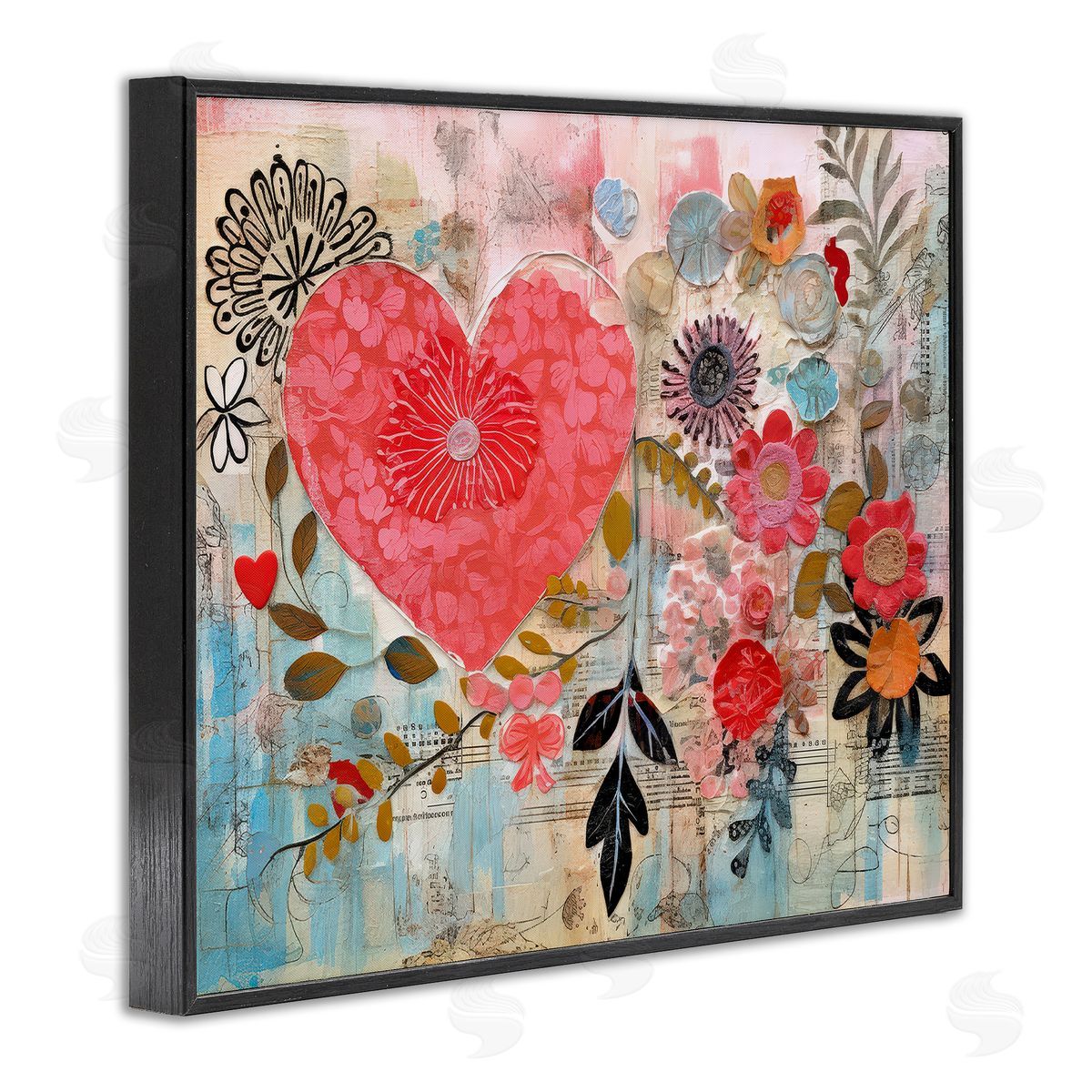 LSR Design Studio Playful Heart & Flowers Black Framed Giclee Wall Art Print