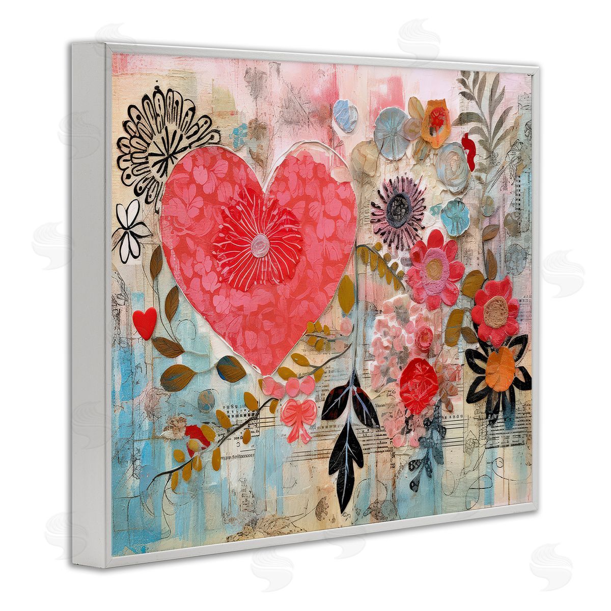 LSR Design Studio Playful Heart & Flowers White Framed Giclee Wall Art Print