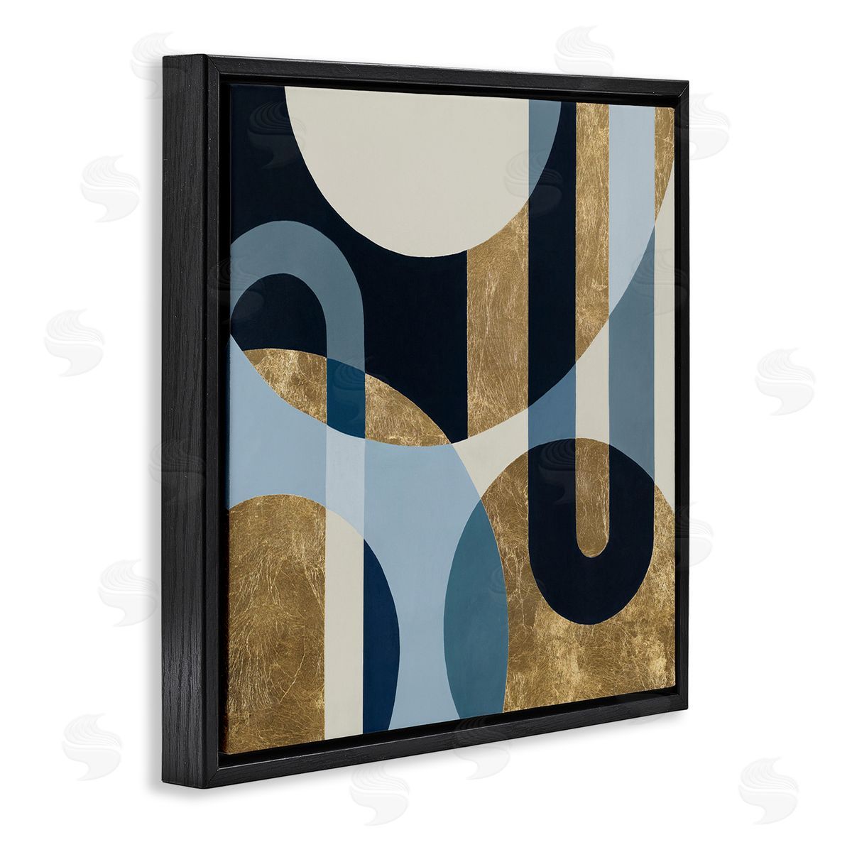Gold and Blue Circular Shapes Black Floating Frame Canvas Wall Art, Home Decor by Hanna Melin
