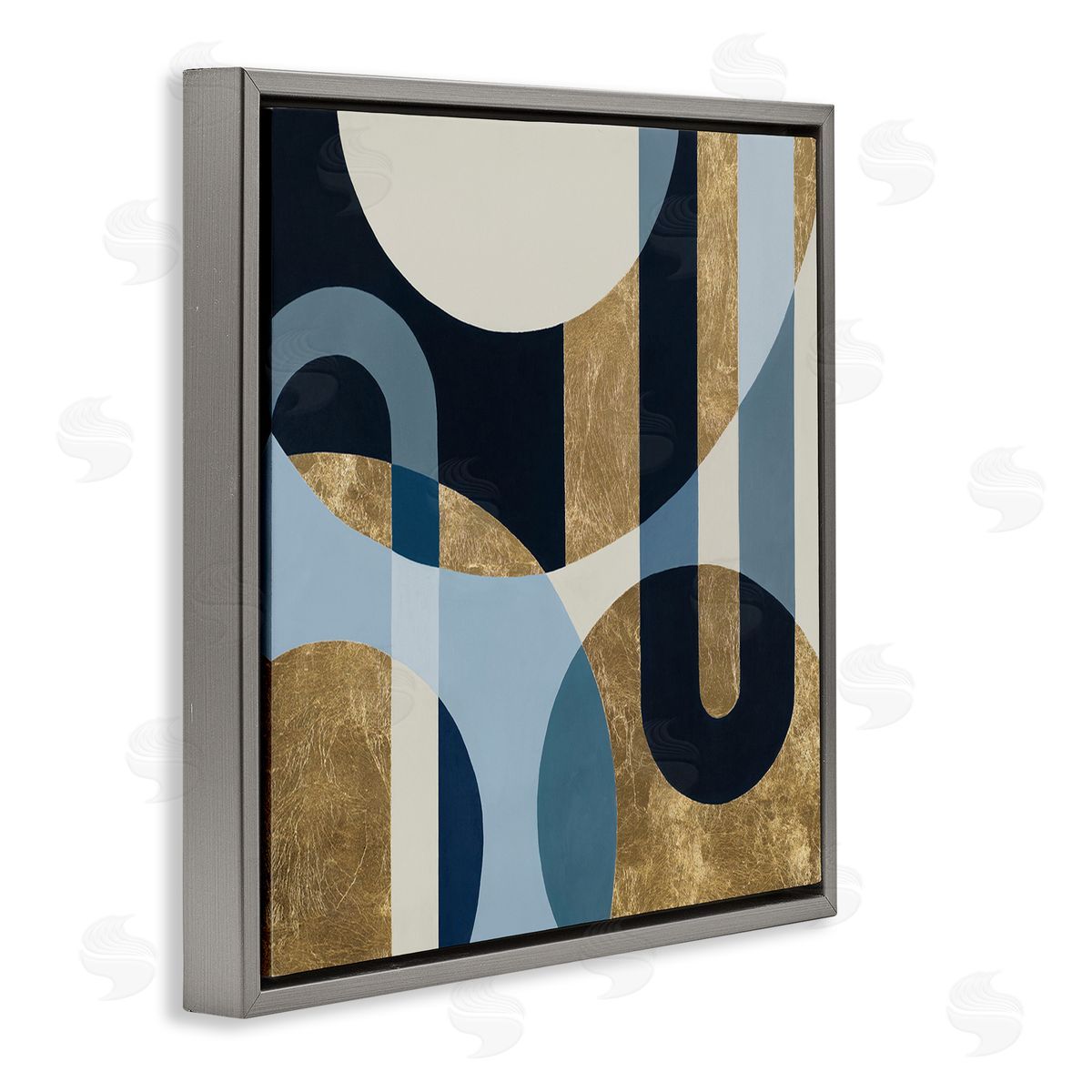 Gold and Blue Circular Shapes Grey Floating Frame Canvas Wall Art, Home Decor by Hanna Melin