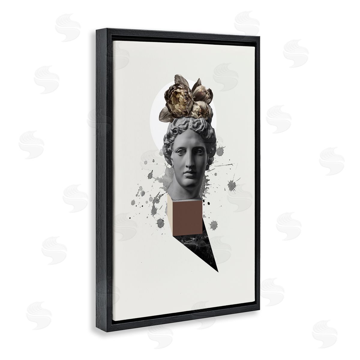 Modern Statue with Peonies Black Floating Frame Canvas Wall Art, Home Decor by Malerifabrikken