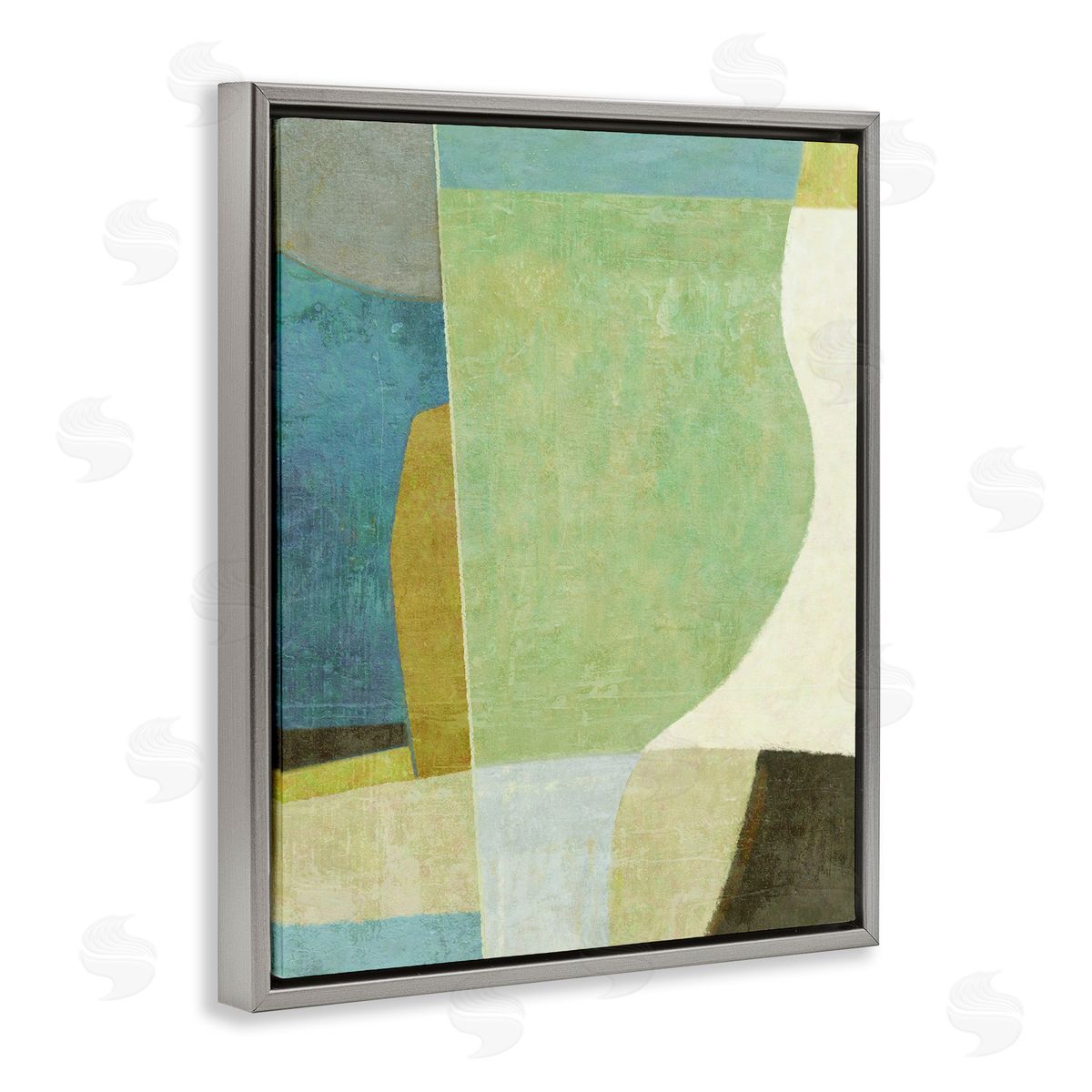 Green Geometric Collage Grey Floating Frame Canvas Wall Art, Home Decor by Suzanne Nicoll