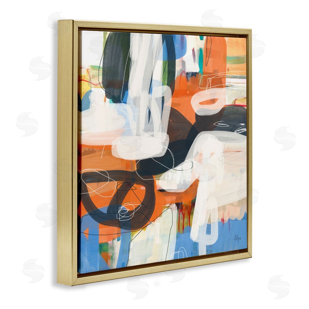 Abstract Squiggle Distortion Gold Floating Frame Canvas Wall Art, Home Decor by Lisa Ridgers