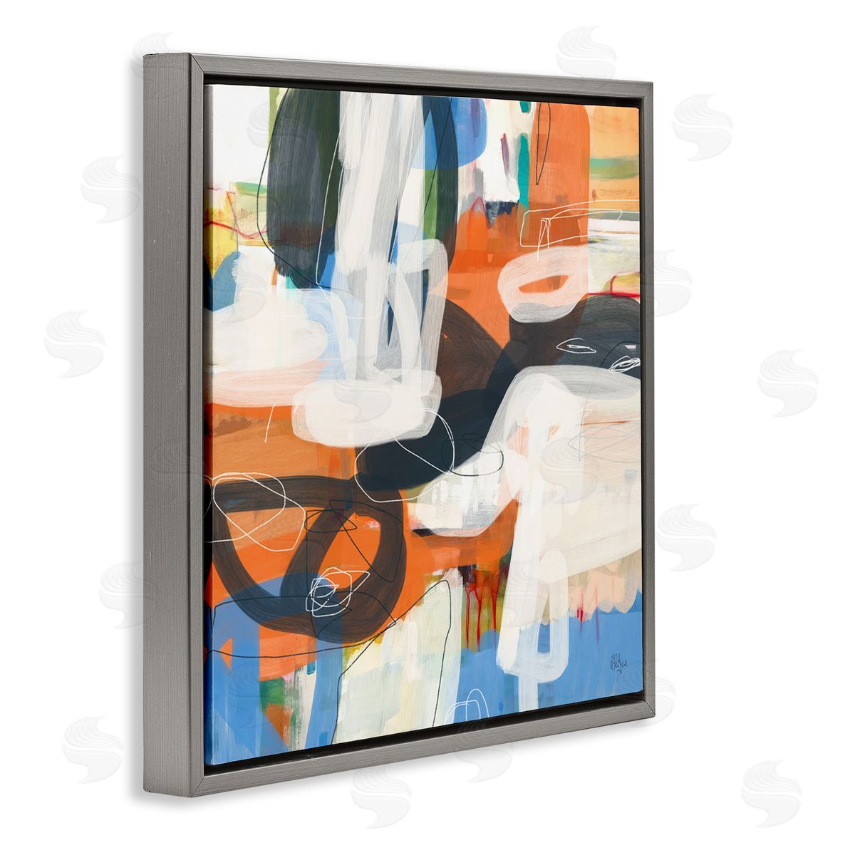 Abstract Squiggle Distortion Grey Floating Frame Canvas Wall Art, Home Decor by Lisa Ridgers