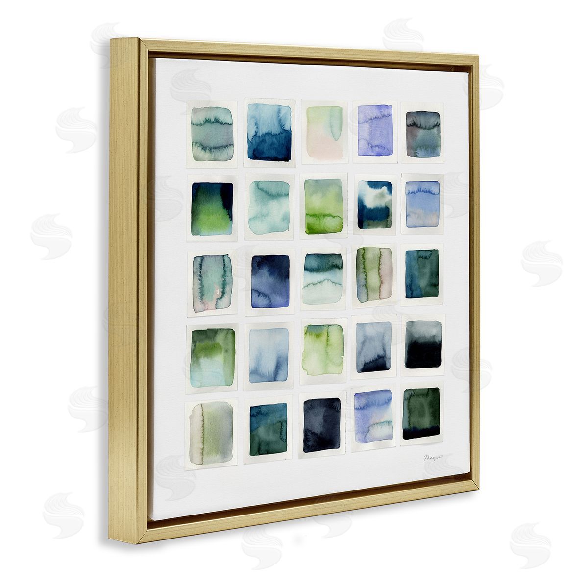 Watercolor Patterned Squares Gold Floating Frame Canvas Wall Art, Home Decor by Stephanie Ryan