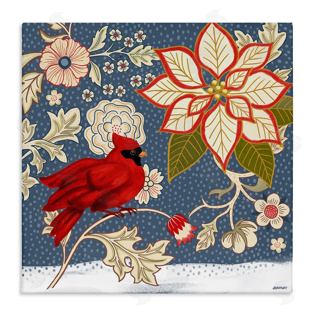 Winter Cardinal with Flowers Canvas Wall Art, Home Decor by Levison Design