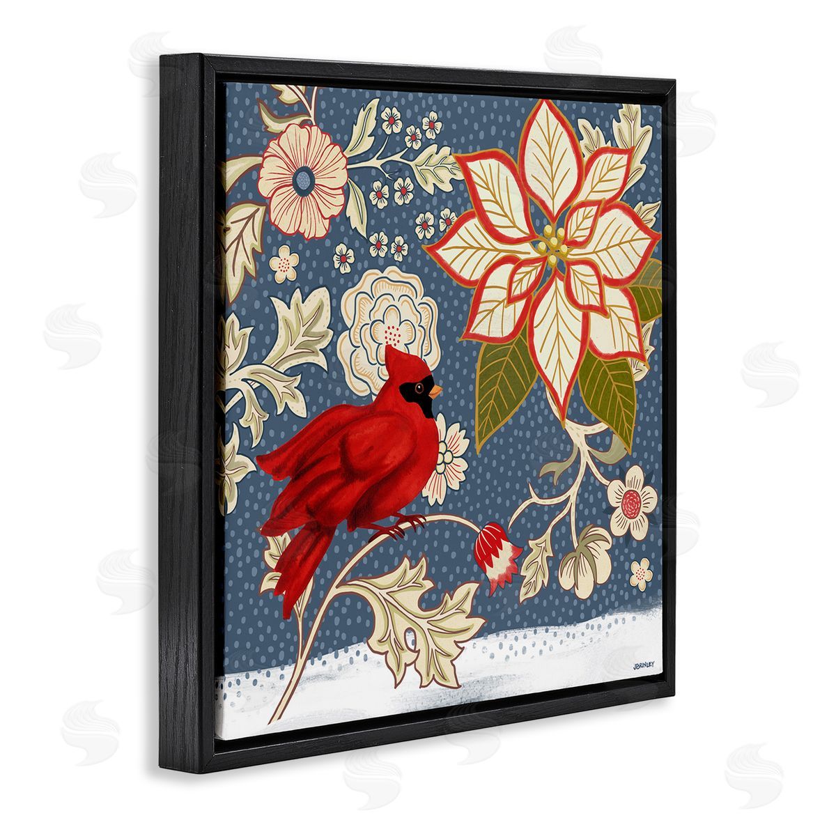 Winter Cardinal with Flowers Black Floating Frame Canvas Wall Art, Home Decor by Levison Design