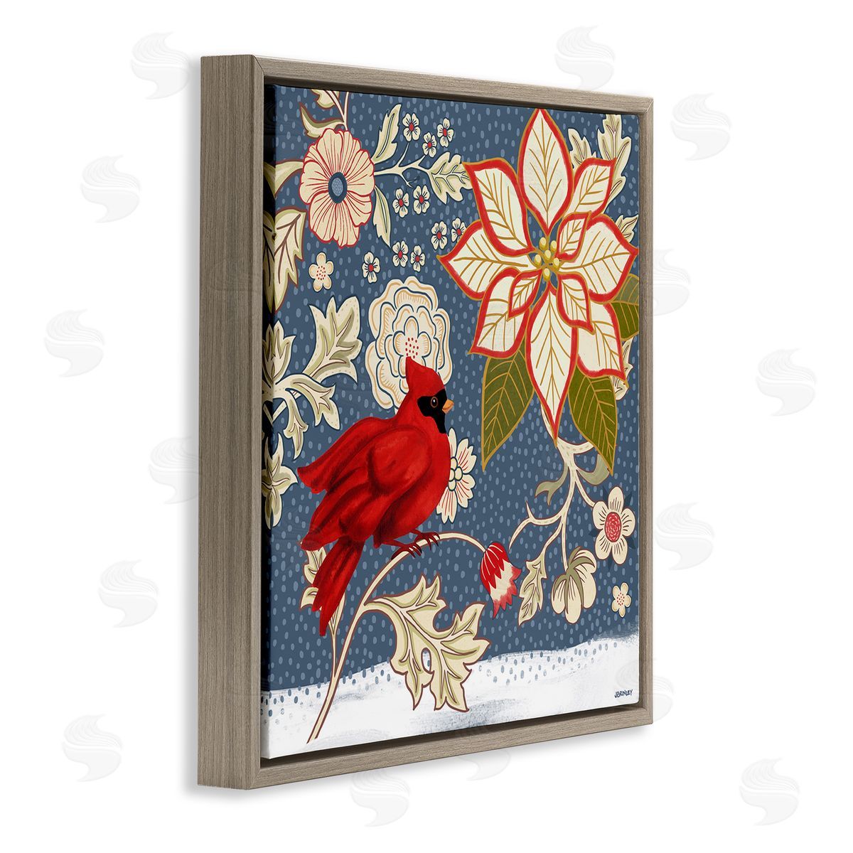 Winter Cardinal with Flowers Brown Floating Frame Canvas Wall Art, Home Decor by Levison Design