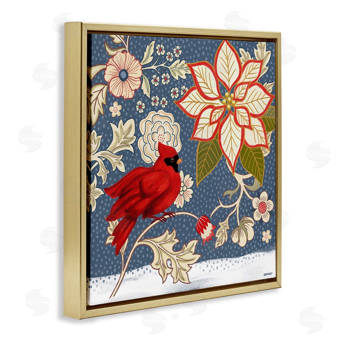 Winter Cardinal with Flowers Gold Floating Frame Canvas Wall Art, Home Decor by Levison Design