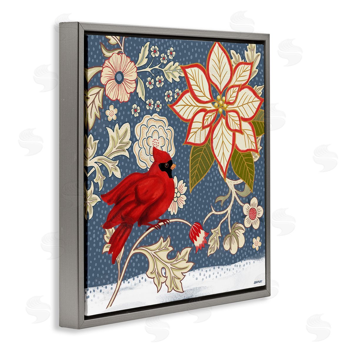 Winter Cardinal with Flowers Grey Floating Frame Canvas Wall Art, Home Decor by Levison Design