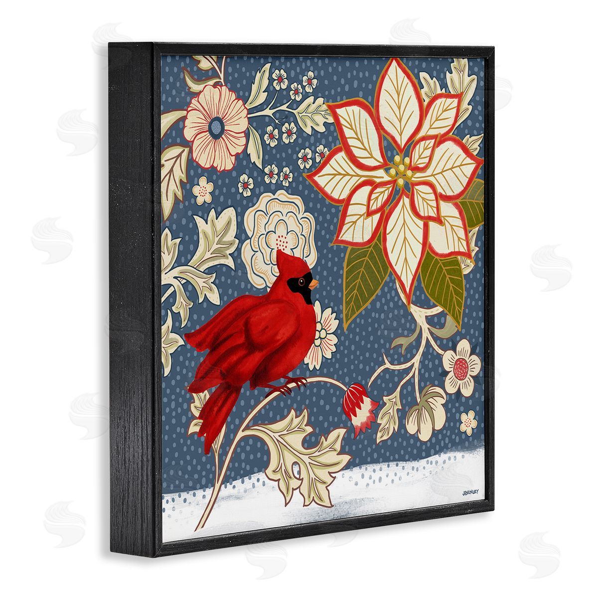 Winter Cardinal with Flowers Black Frame Print Wall Art, Home Decor by Levison Design