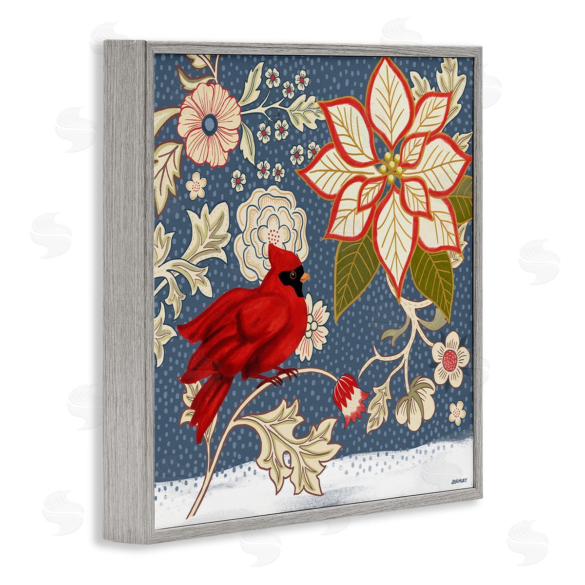 Winter Cardinal with Flowers Grey Frame Print Wall Art, Home Decor by Levison Design