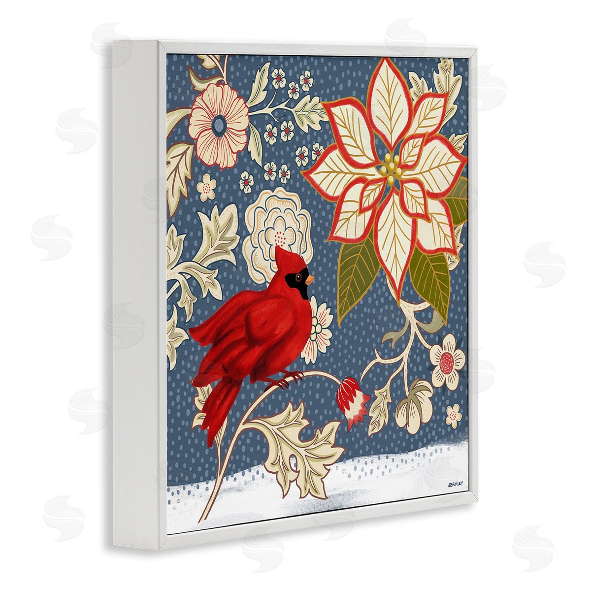 Winter Cardinal with Flowers White Frame Print Wall Art, Home Decor by Levison Design