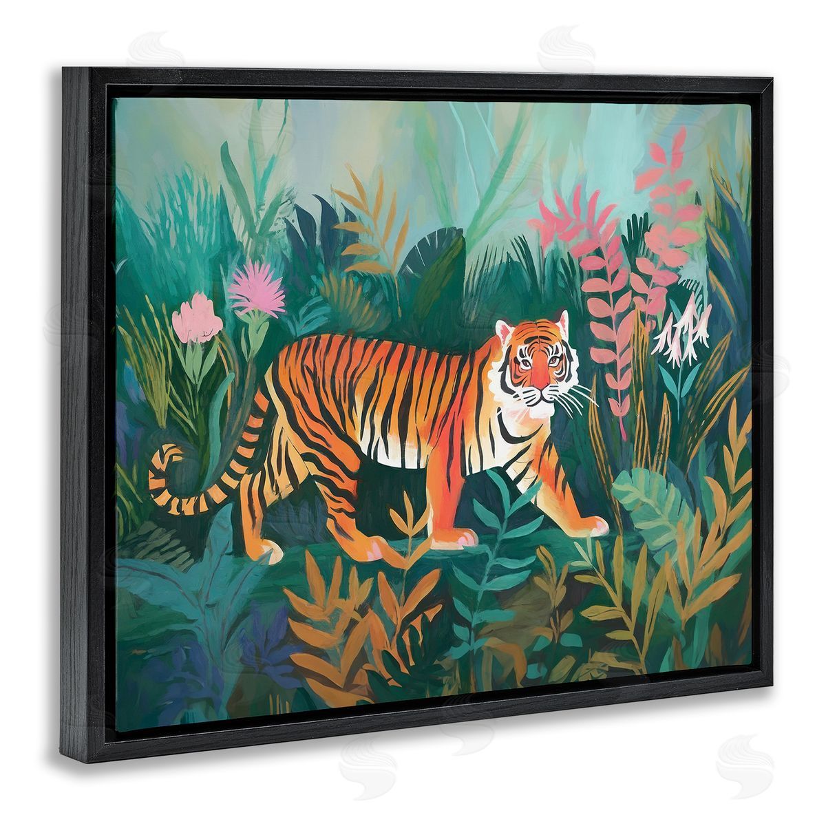 Tiger in Jungle Leaves Black Floating Frame Canvas Wall Art, Home Decor by Ramona Murdock