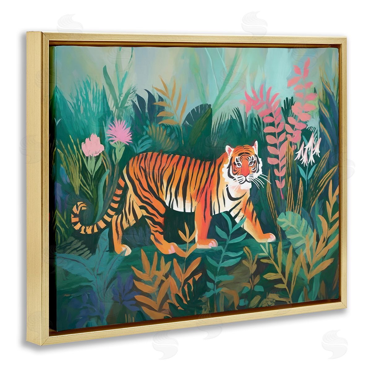 Tiger in Jungle Leaves Gold Floating Frame Canvas Wall Art, Home Decor by Ramona Murdock
