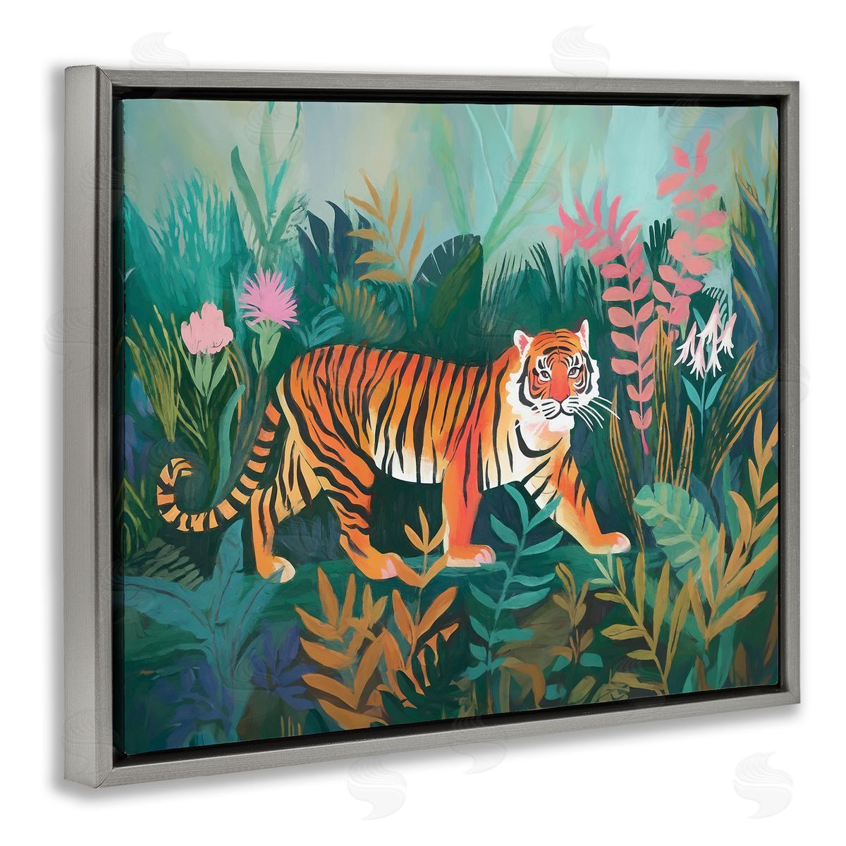 Tiger in Jungle Leaves Grey Floating Frame Canvas Wall Art, Home Decor by Ramona Murdock